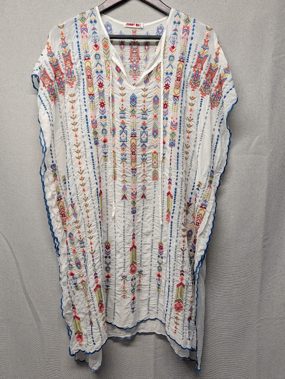 Johnny Was White Embroidered V-Neck Caftan Tunic w/ Multicolor Stitching Size XS